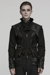 Black Stand Collar Long Sleeves Jacquard Stitching Swallow-tailed Men's Gothic Coat